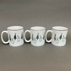 Eddie Bauer Coffee Mugs Cups Snowman Christmas Tree White Platinum Trim Lot of 3